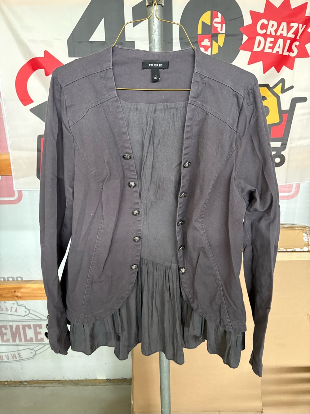 torrid dark charcoal ruffle-front button blazer